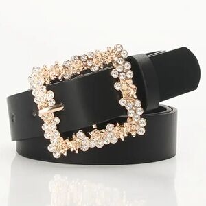 Elegant Black Belt with Crystal Embellished Buckle